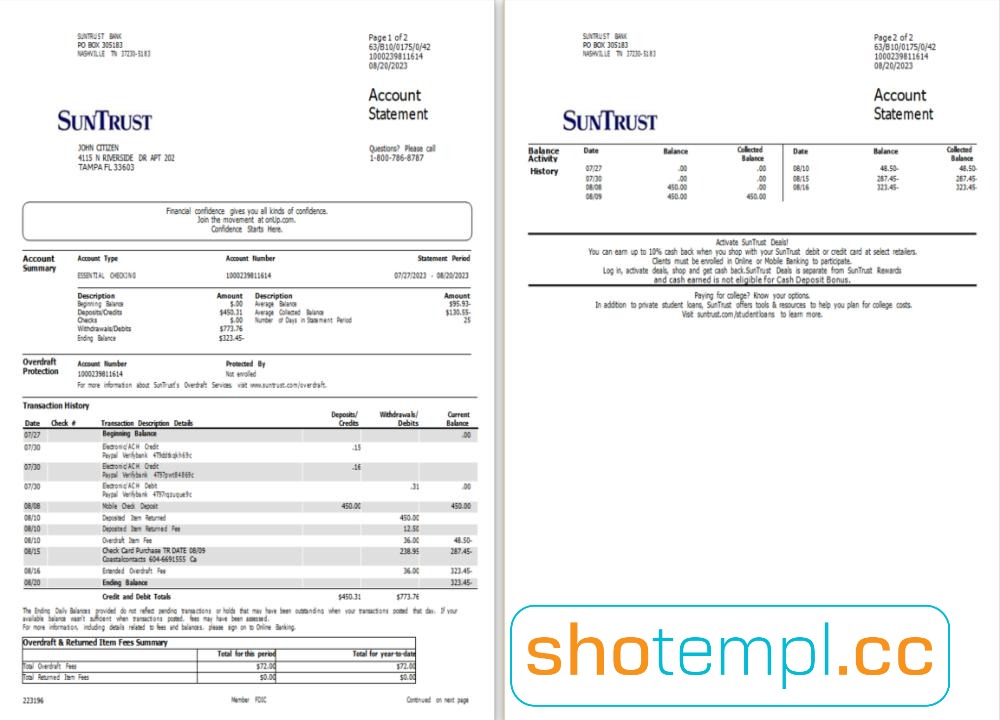 SunTrust Bank Statement PDF Templates
